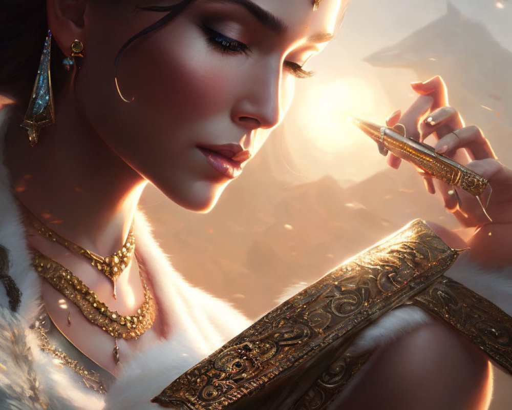 Elegant woman with jewelry admiring glowing artifact