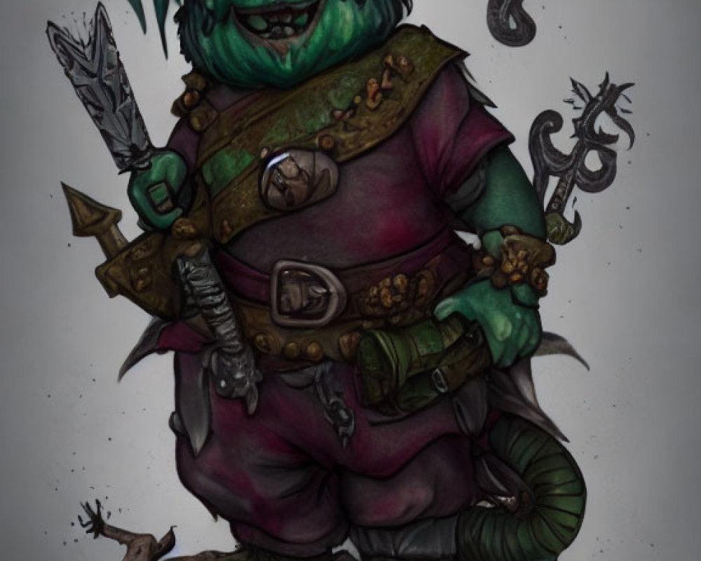 Fantasy goblin character in green skin, holding a spear on rocky terrain