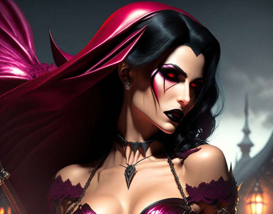 Illustration of female character with pale skin, dark hair, red eyes, in gothic attire with