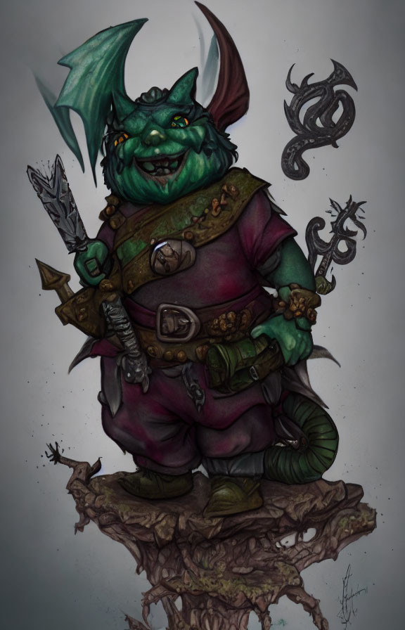 Fantasy goblin character in green skin, holding a spear on rocky terrain