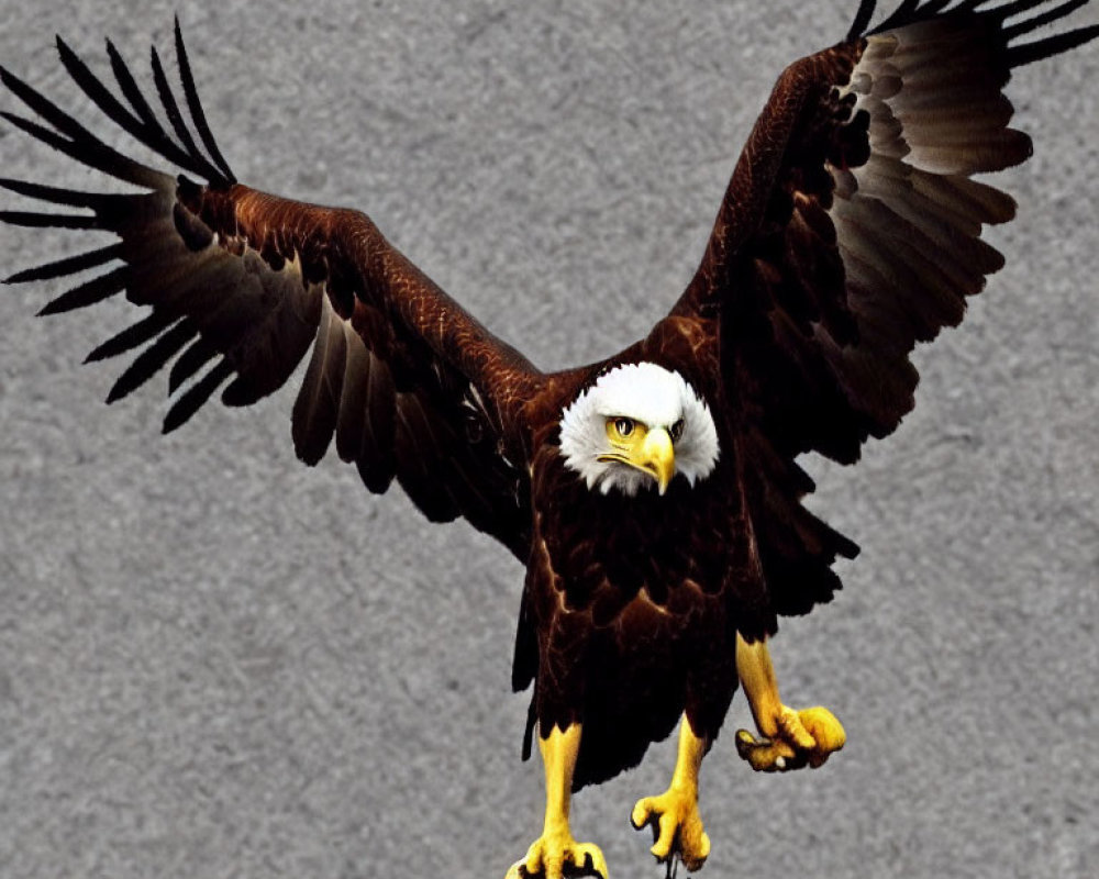 Bald eagle soaring with wings spread wide on grey background