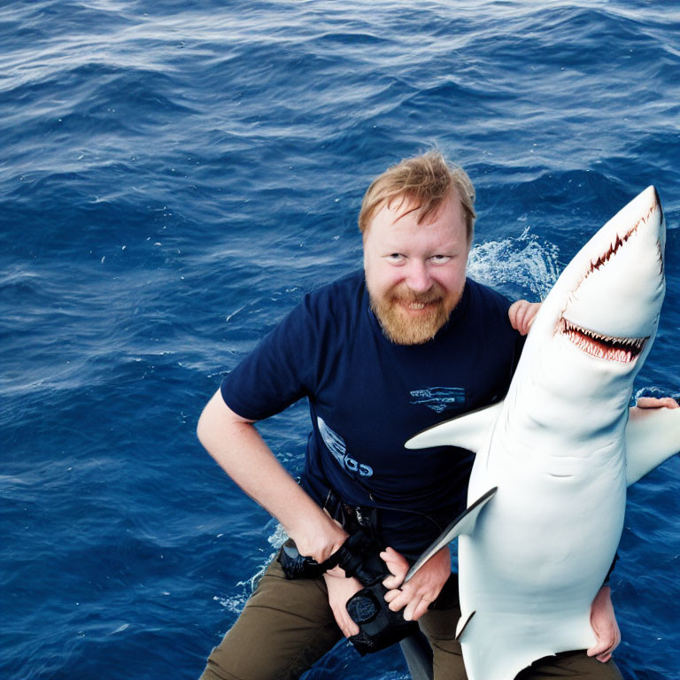 Bearded man smiling with toy shark over blue water