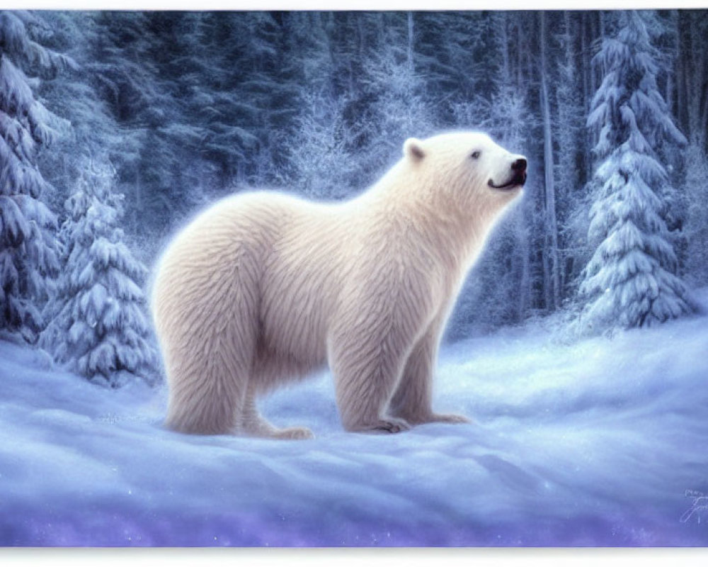 Majestic white polar bear in snowy forest clearing