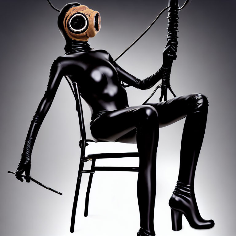 Stylized humanoid figure in gas mask with whip on chair