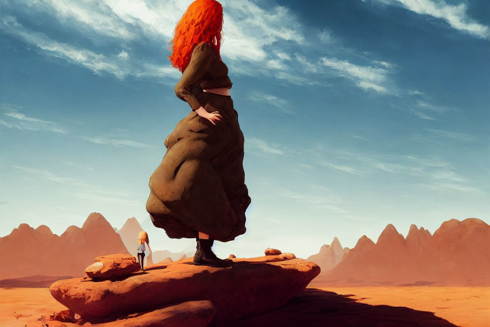 Vibrant orange-haired giant woman in desert landscape with small figure