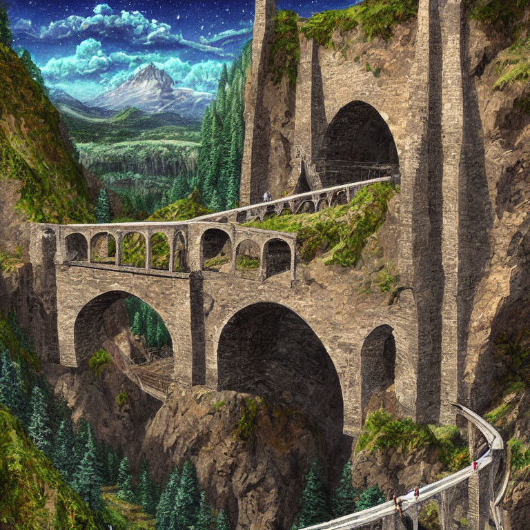 Stone bridge over gorge with passing train, lush forest, distant mountain.