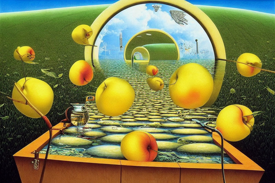 Surreal landscape with oversized lemons, stone pathway, arches, bee, teapot,