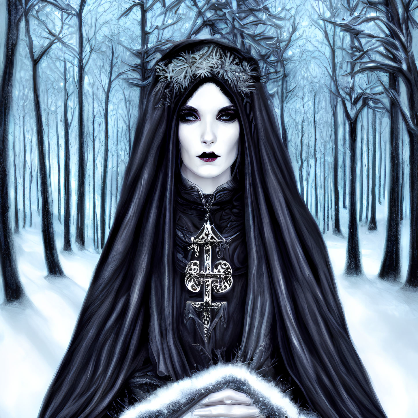 Gothic figure with crown in snowy forest