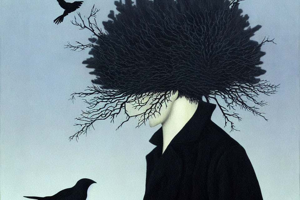 Surreal painting: person with tree head, bird flying, blue-gray sky