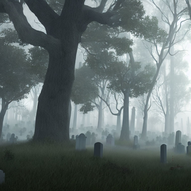 Misty graveyard with weathered tombstones and ancient trees