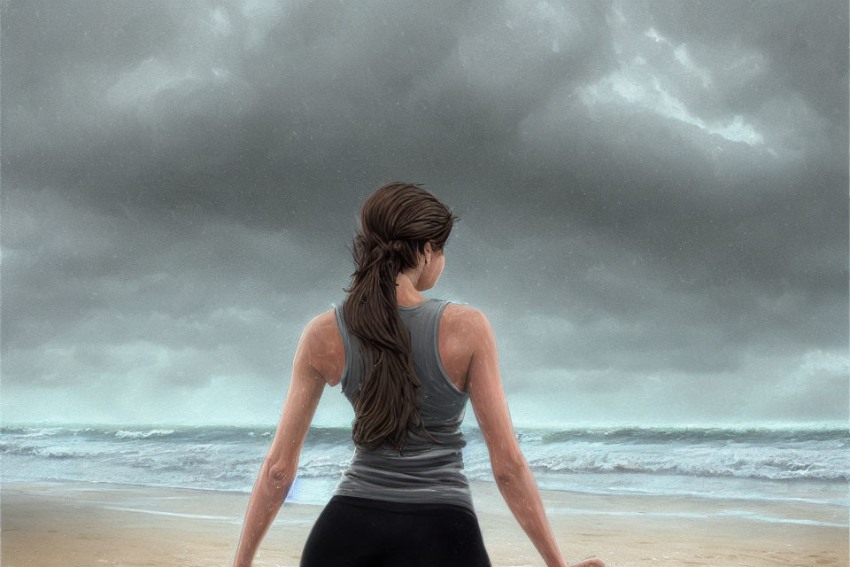 Woman with braid gazes at stormy sea under overcast sky