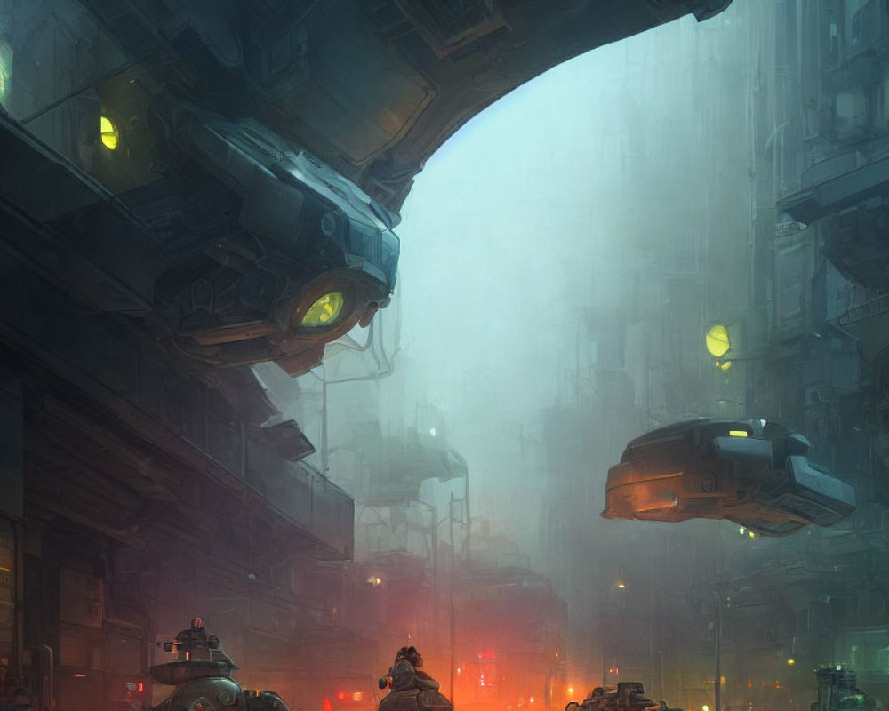 Futuristic cityscape with fog, towering buildings, flying vehicles, and dark atmosphere