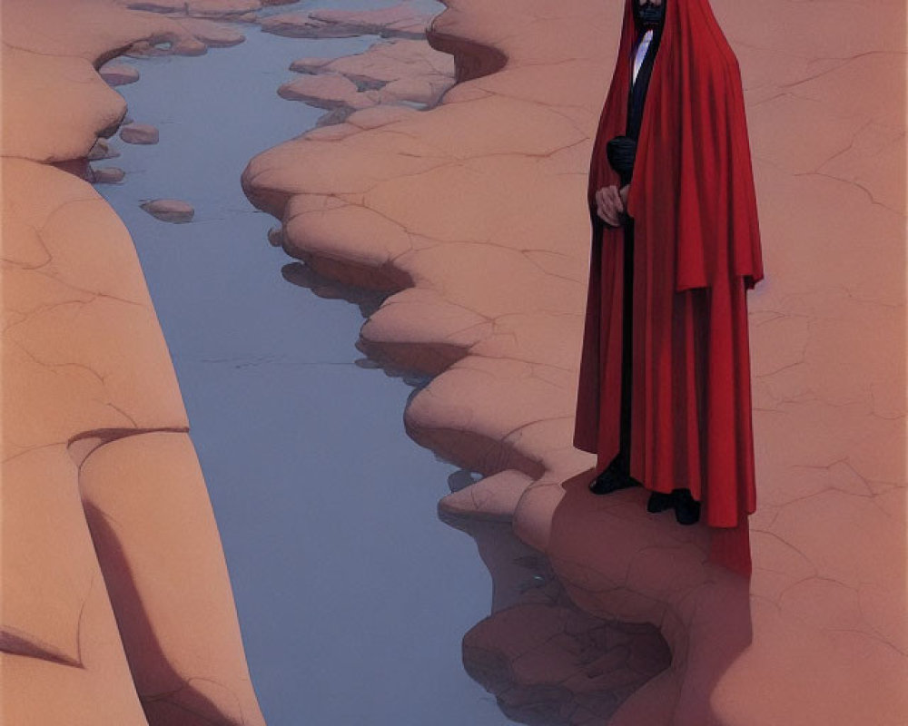 Mysterious cloaked figure by canyon river in desert landscape