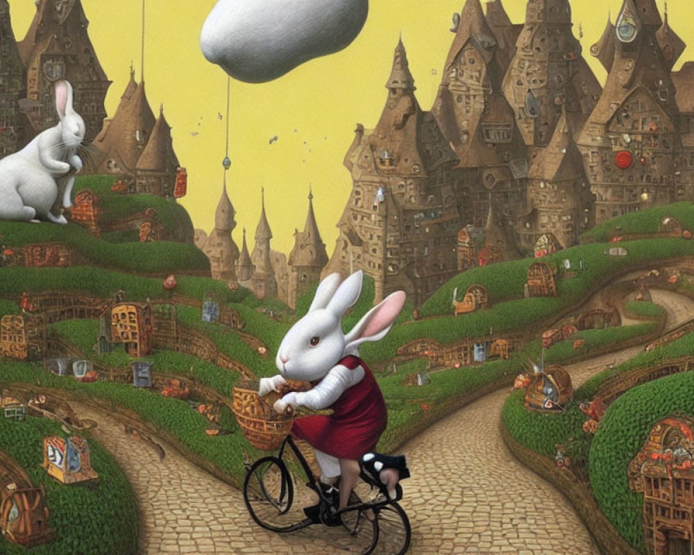 Anthropomorphic rabbits in surreal landscape with whimsical castle-like houses