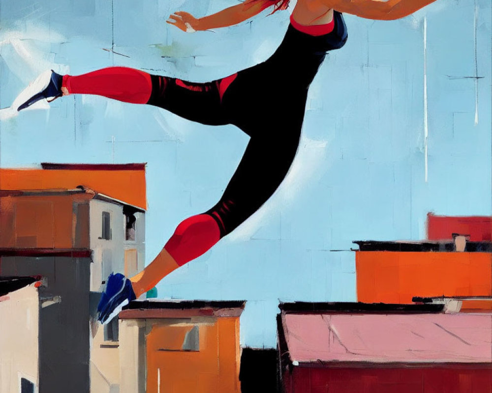 Athletic woman leaps above city rooftops in vibrant scene