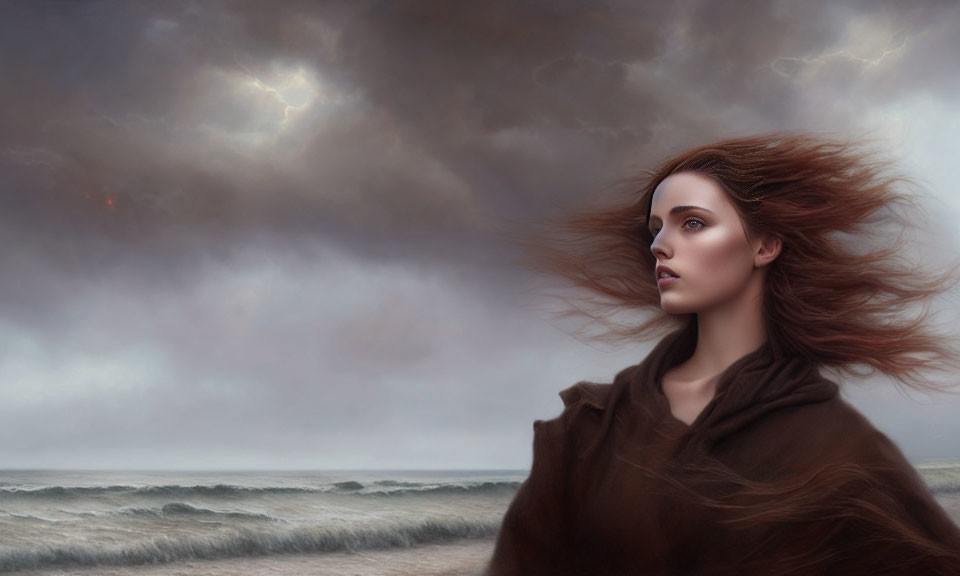 Woman gazing under stormy sky with windswept hair and tumultuous seas