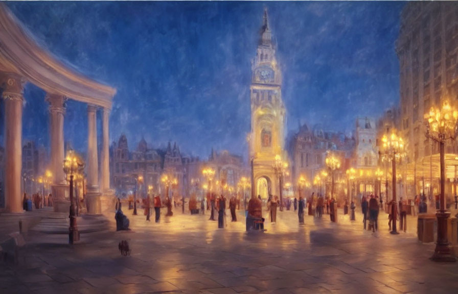 Nighttime plaza painting with people under street lamps and clock tower