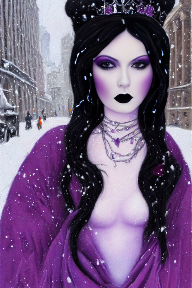 Gothic female figure in purple dress and crown in snowy city scene