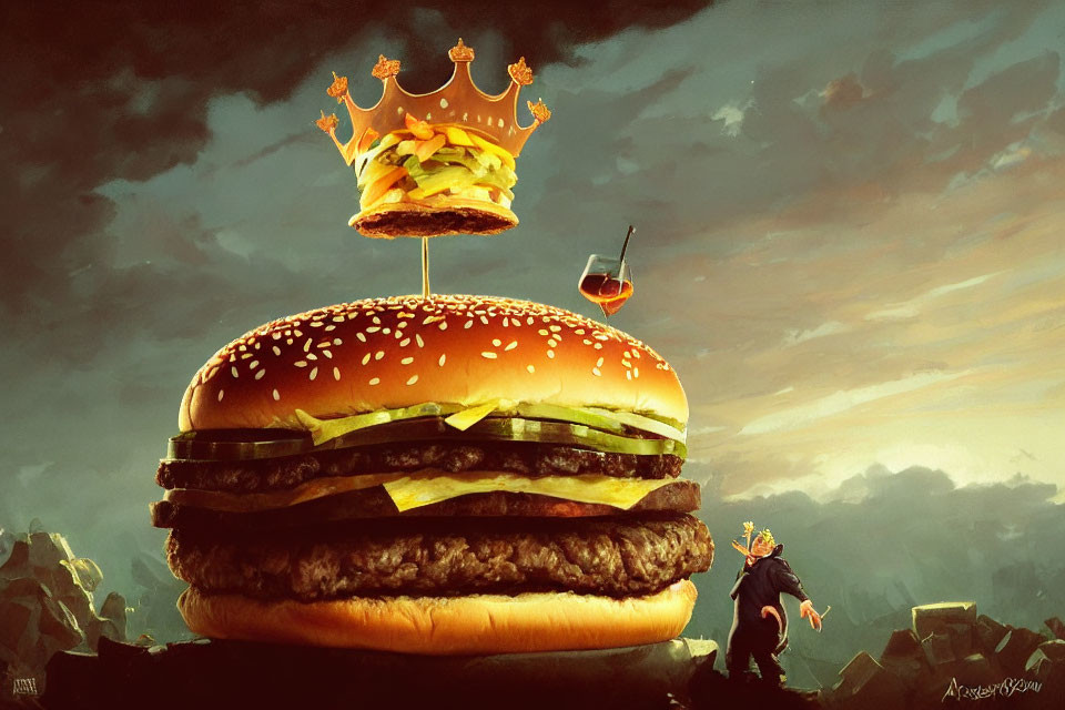 Illustrated giant burger with crown and cocktail in a moody sky with robed figure and scattered m