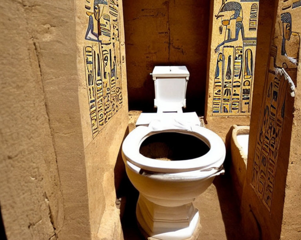 Modern white toilet next to ancient Egyptian tomb with hieroglyphics