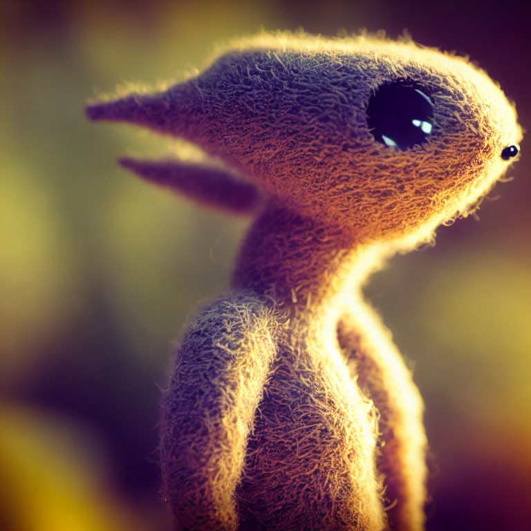 Fuzzy alien creature with large black eyes in soft-focus lighting