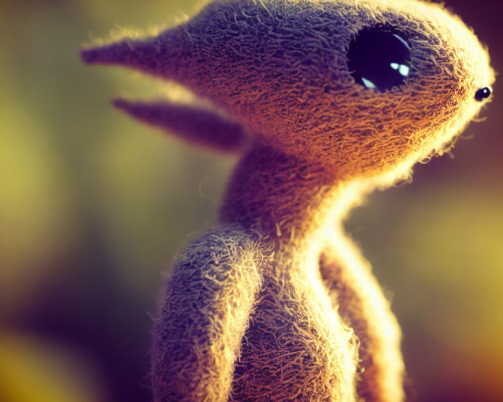 Fuzzy alien creature with large black eyes in soft-focus lighting