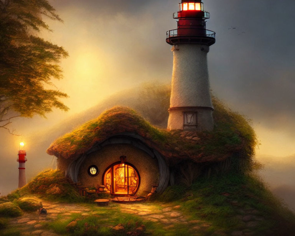 Cozy cottage with lighthouse on grassy knoll in mystical twilight