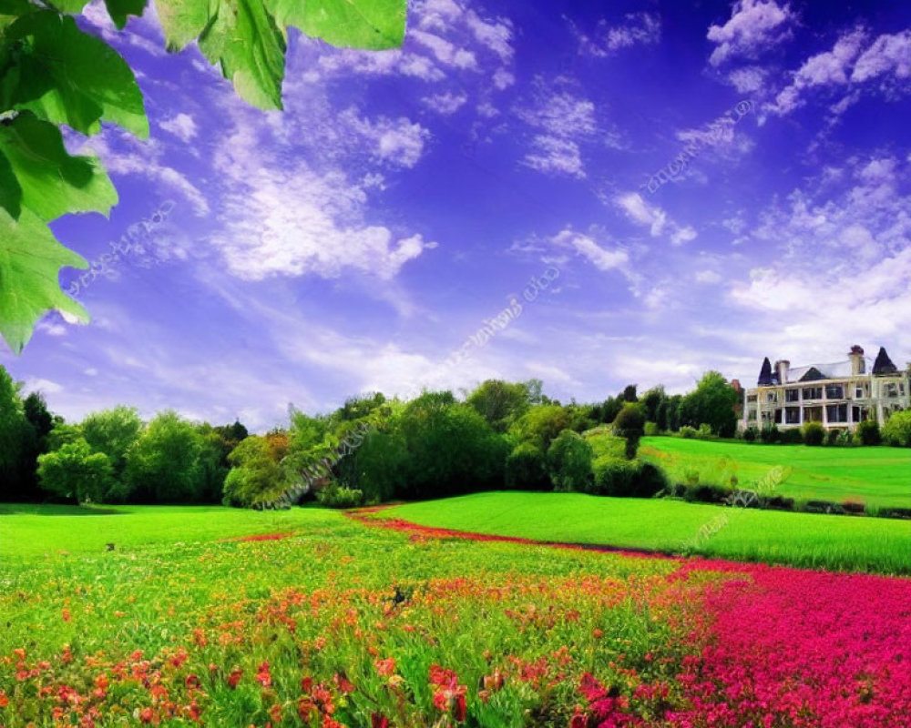 Colorful Flower Field Landscape with Grand House and Blue Sky