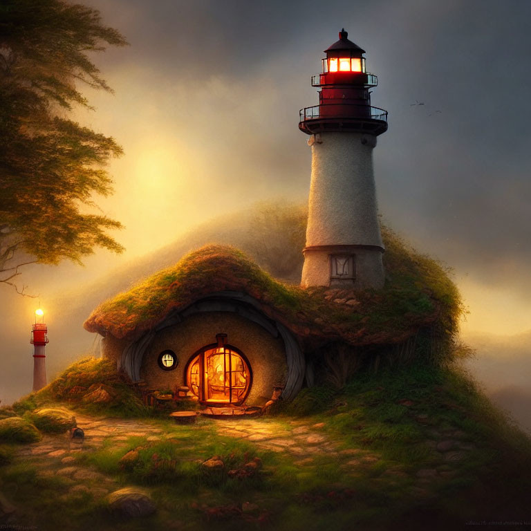 Cozy cottage with lighthouse on grassy knoll in mystical twilight