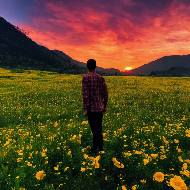 Person in Yellow Flower Field at Sunset with Red and Orange Sky