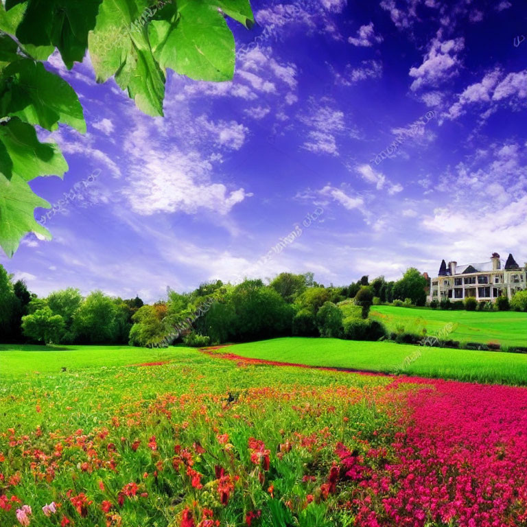 Colorful Flower Field Landscape with Grand House and Blue Sky