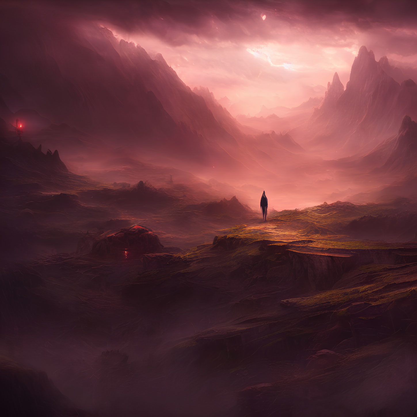 Solitary figure on cliff overlooking mystical landscape with rugged mountains and glowing lights