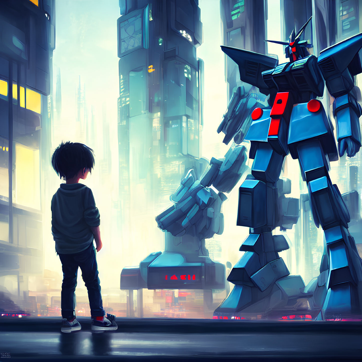 Young boy confronts giant robot in futuristic cityscape.