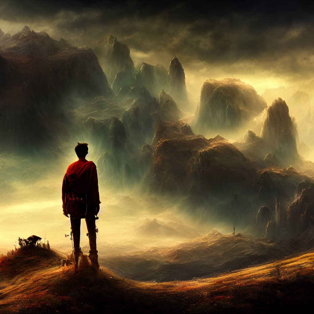 Solitary figure in red cloak gazes at misty mountains