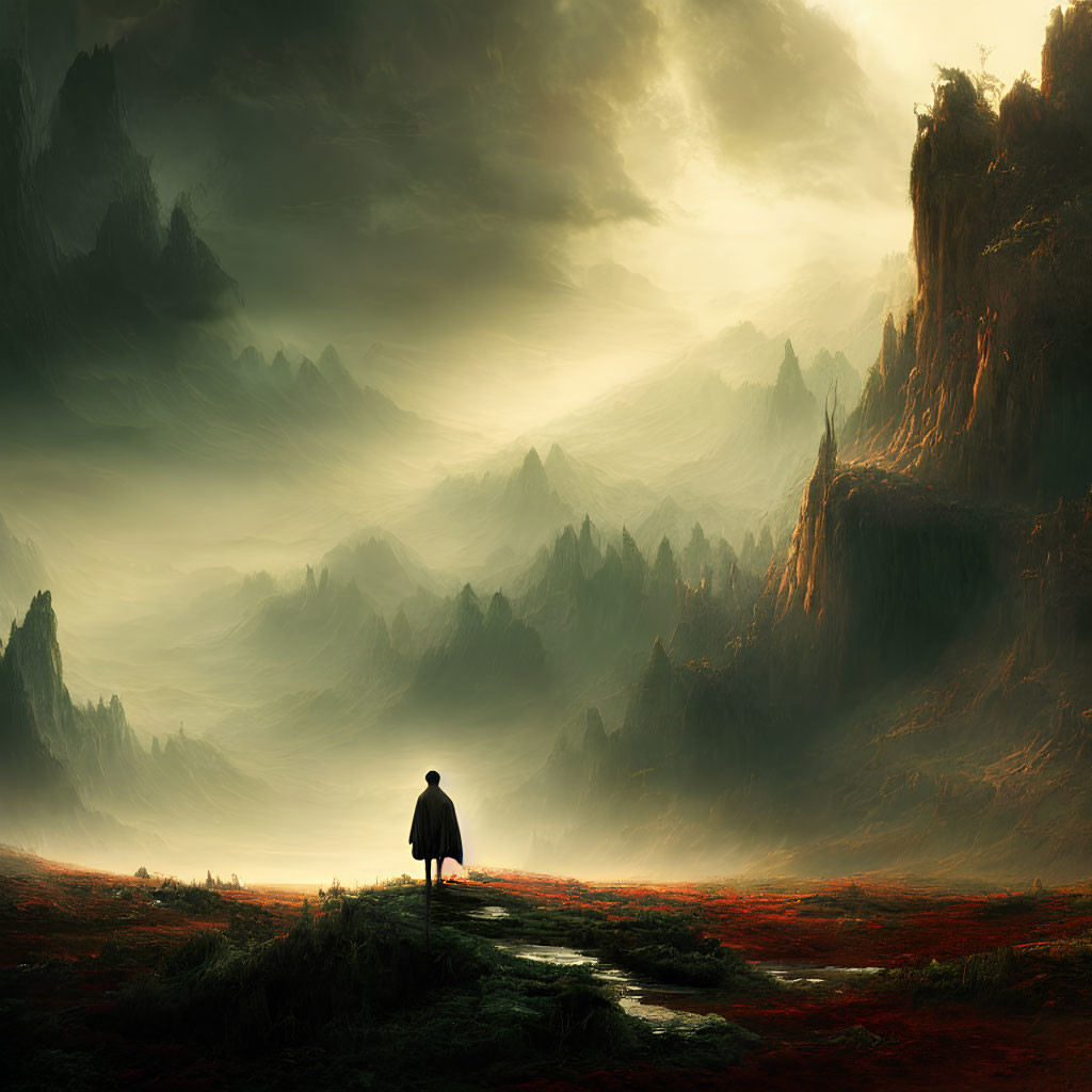 Lone figure in misty landscape with cliffs and peaks