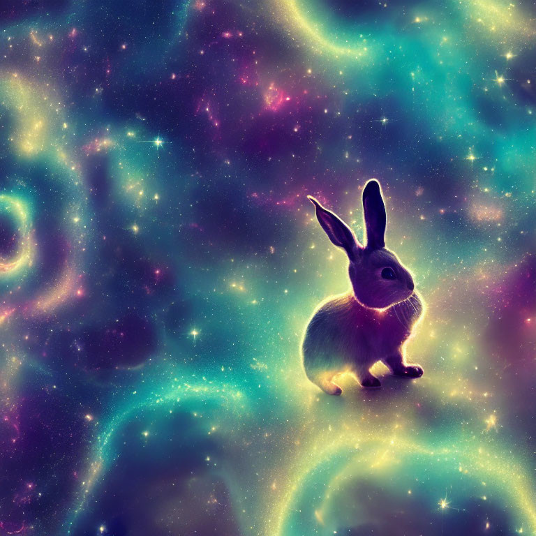 Rabbit on Vibrant Cosmic Background with Galaxies