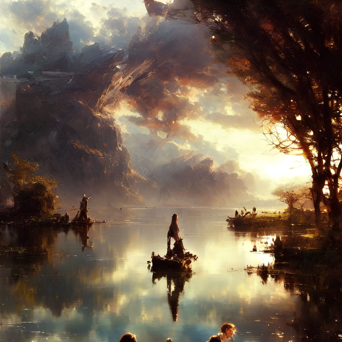 Tranquil fantasy landscape with small boats on serene lake