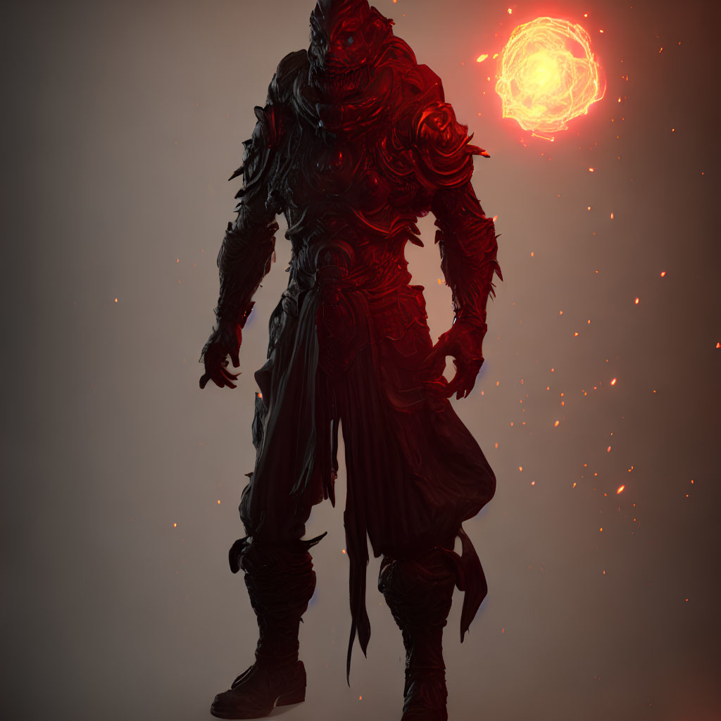 Red Armored Demon with Glowing Eyes and Fiery Orb