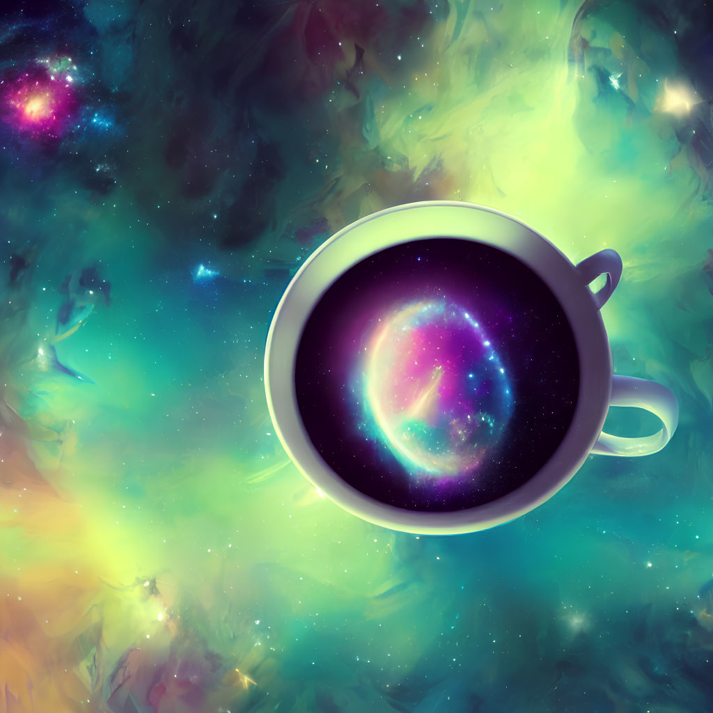 Vibrant galaxy swirling in coffee cup with colorful nebulae and stars