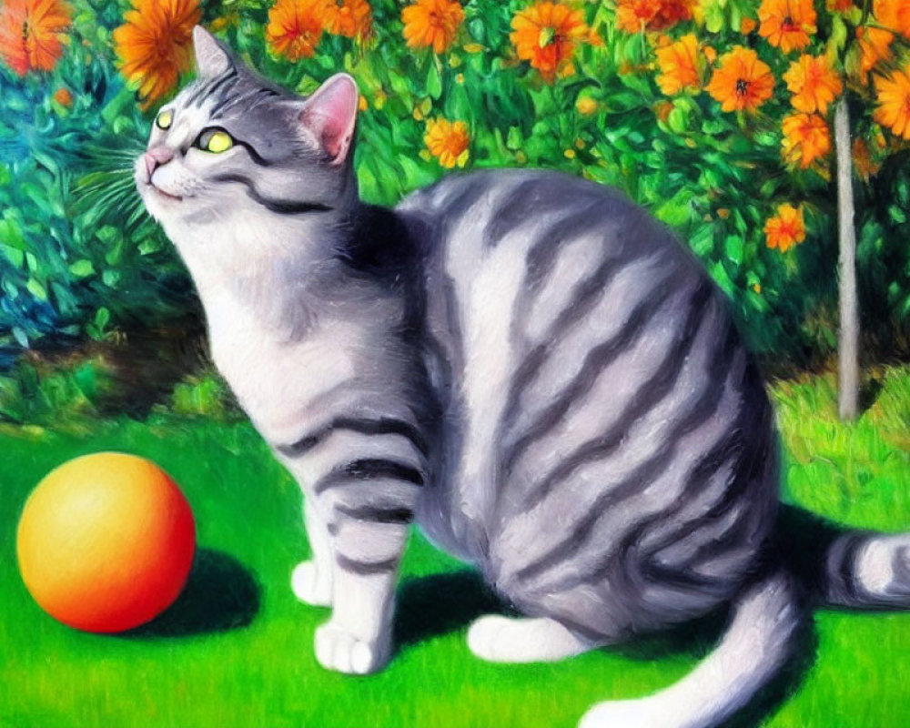 Gray Tabby Cat with Green Eyes Beside Orange Ball in Colorful Garden