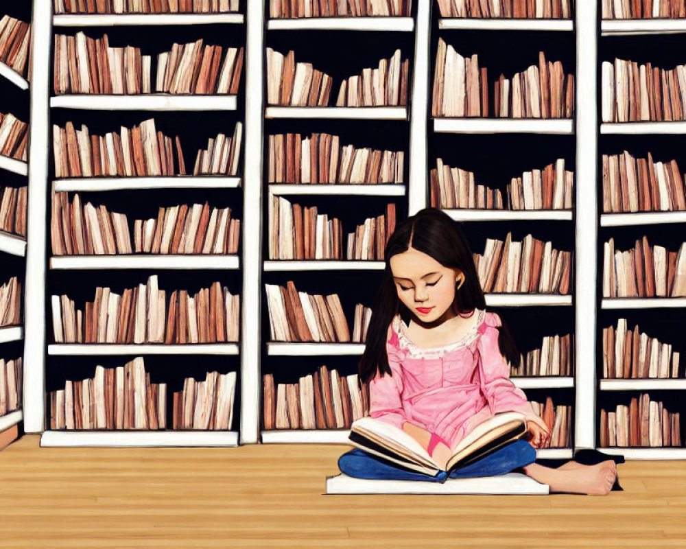 Girl reading book surrounded by tall bookshelves