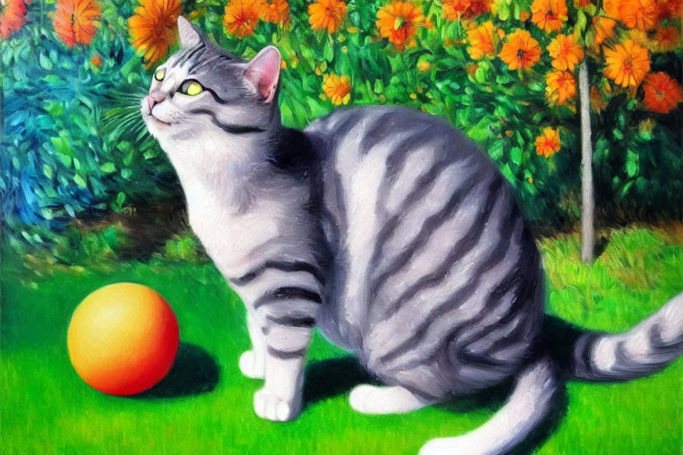 Gray Tabby Cat with Green Eyes Beside Orange Ball in Colorful Garden