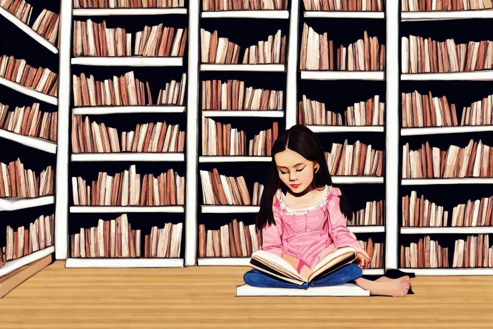 Girl reading book surrounded by tall bookshelves