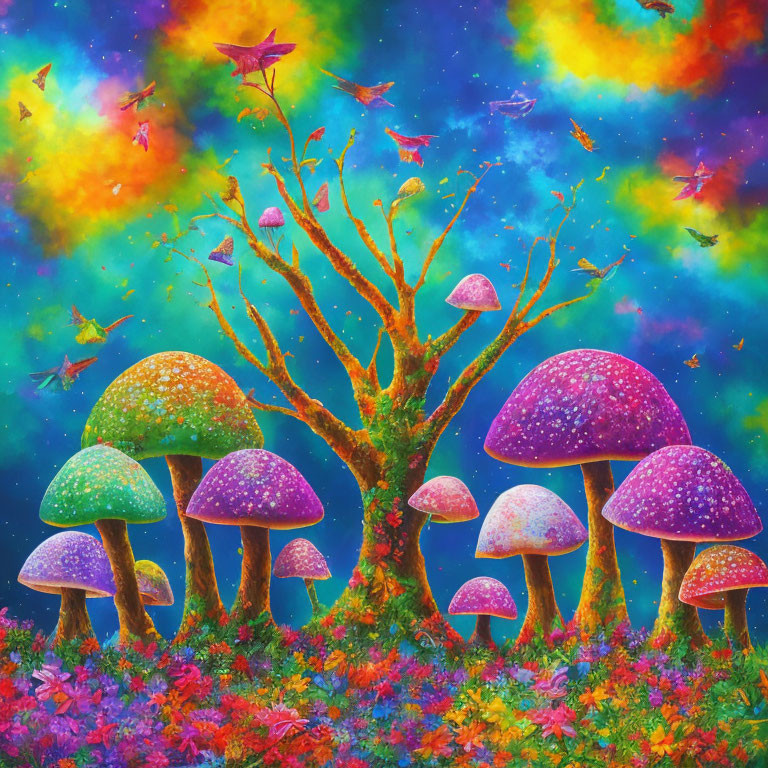 Colorful Mushroom Fantasy Scene Under Starry Nebula Sky