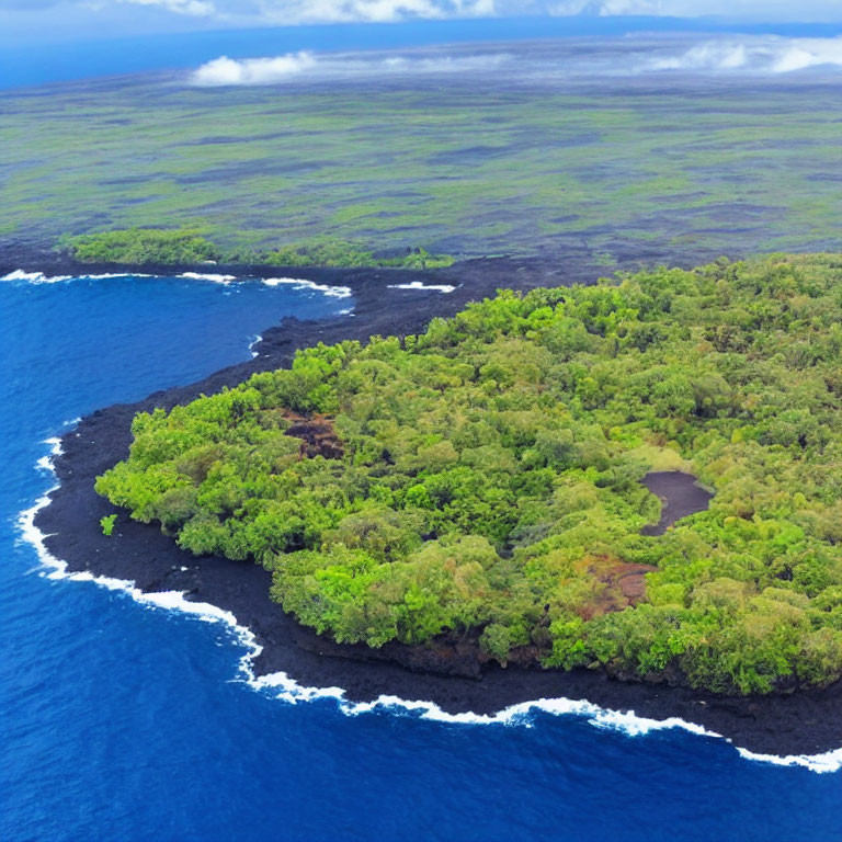 Lush Green Peninsula with Volcanic Shores and Blue Ocean View