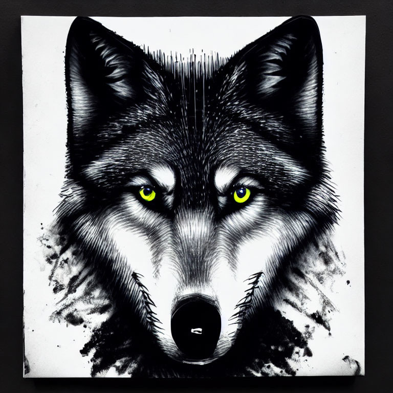 Monochromatic wolf face painting with vibrant yellow eyes on display