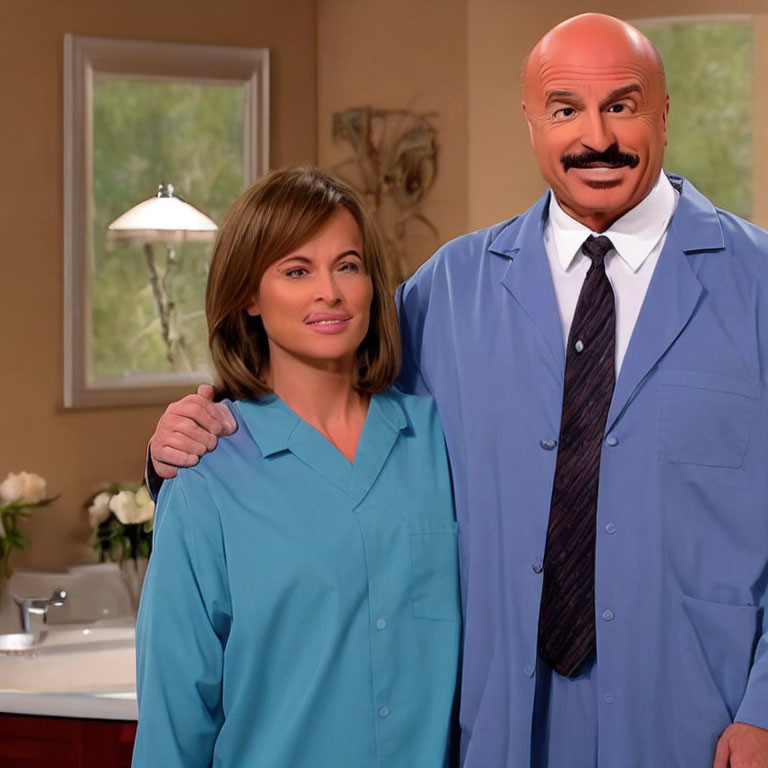 Man and woman in blue lab coats smiling with painting and flowers in room