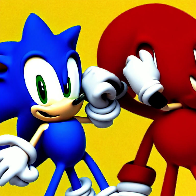 Blue and red hedgehogs with oversized gloves in a thumbs-up pose on yellow background