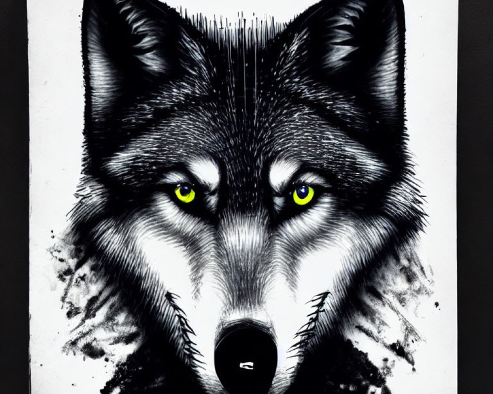 Monochromatic wolf face painting with vibrant yellow eyes on display