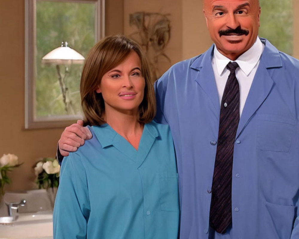 Man and woman in blue lab coats smiling with painting and flowers in room